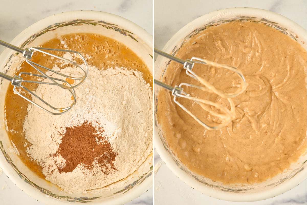 plit image: dry ingredients added to wet batter, then fully mixed banana cake batter.
