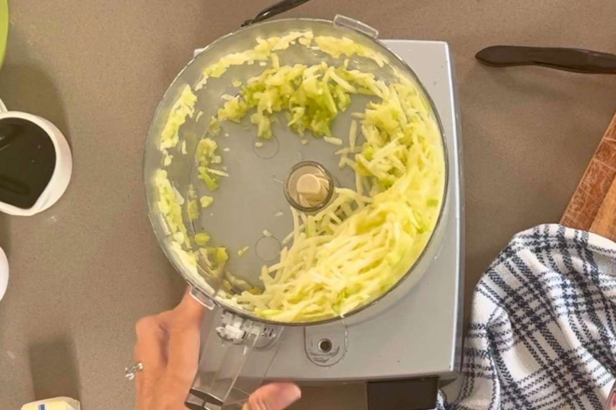 shredded apples in food processor.