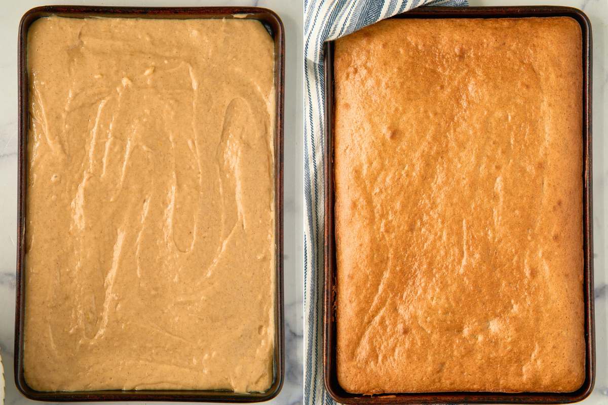 Split image: batter spread in a pan, then the fully baked cake in the same pan.