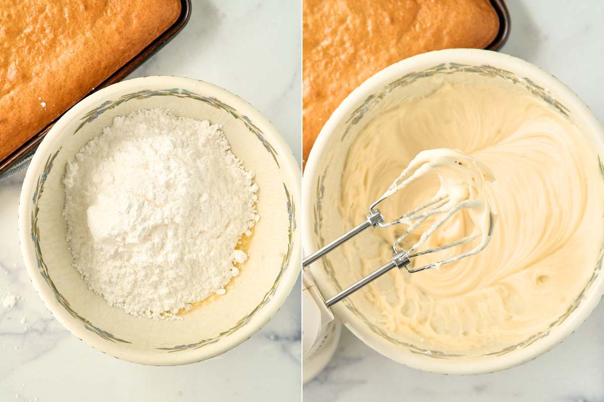 Split image: powdered sugar in a bowl, then cream cheese frosting beaten smooth with a mixer.