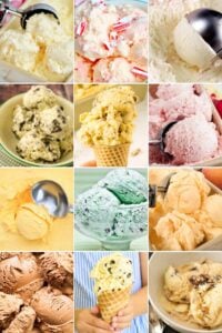 A vibrant collage of twelve different homemade ice cream recipes, showcasing flavors like vanilla, candy cane, cookies and cream, pecan, strawberry, peach, chocolate chip, and mint chocolate chip, presented in bowls, cones, and with scoops.