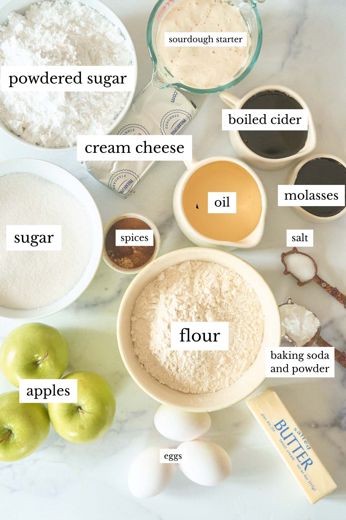 labeled ingredients for cake.
