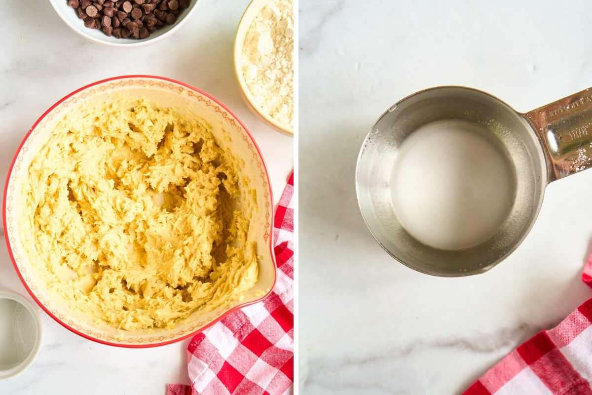 hot water and baking soda in measuring cup