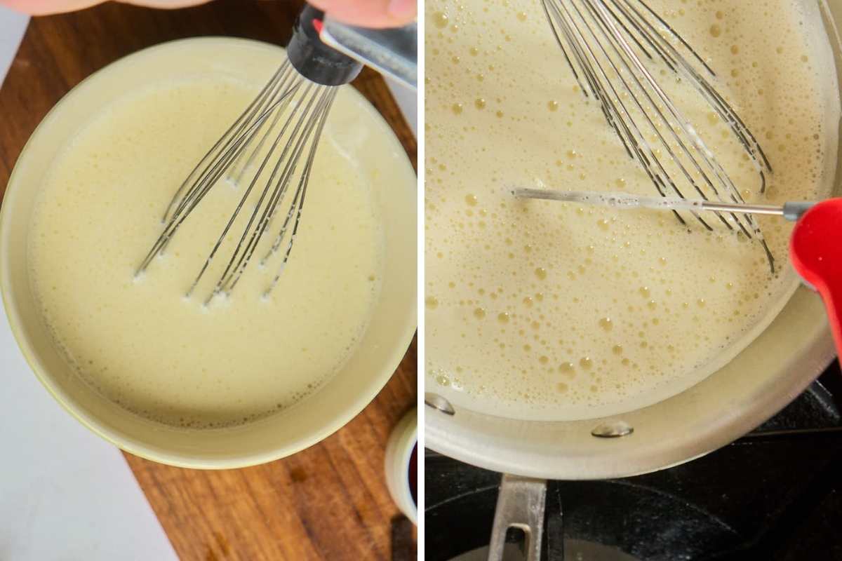 eggs being tempered and custard cooking in pot.