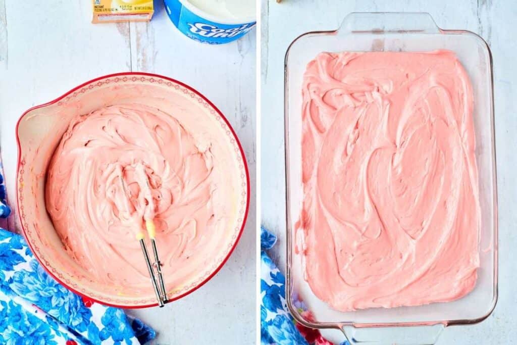 mixing bowl and baking dish full of cake batter