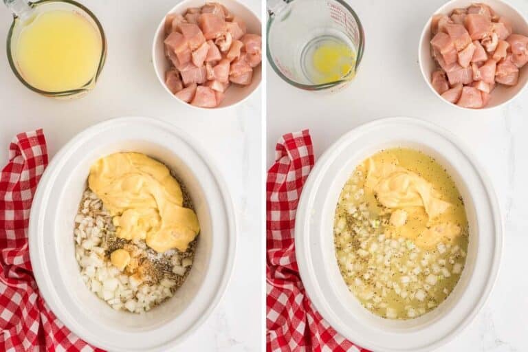 base ingredients and broth in slow cooker base