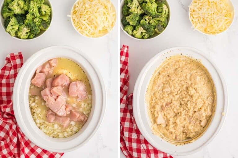 raw chicken being added t slow cooker