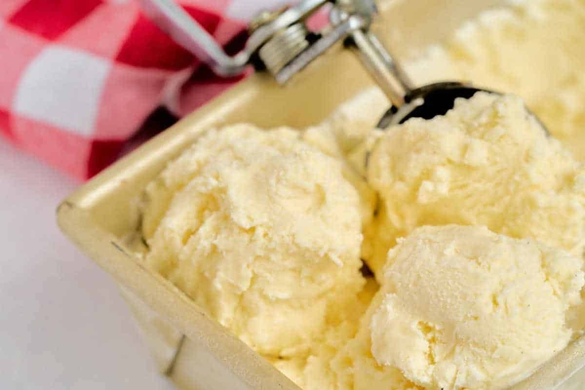 pan of homemade vanilla ice cream