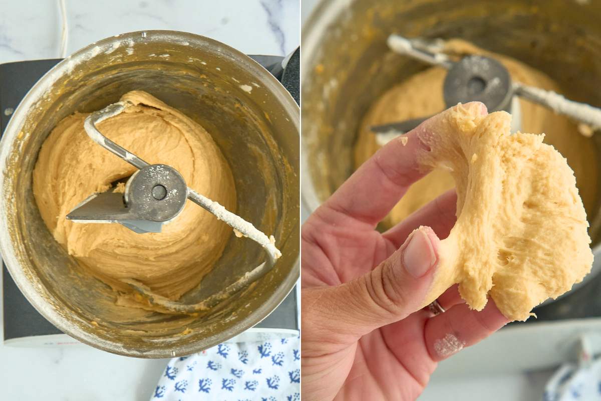 Dough in stand mixer and dough texture shown being stretched by hand.