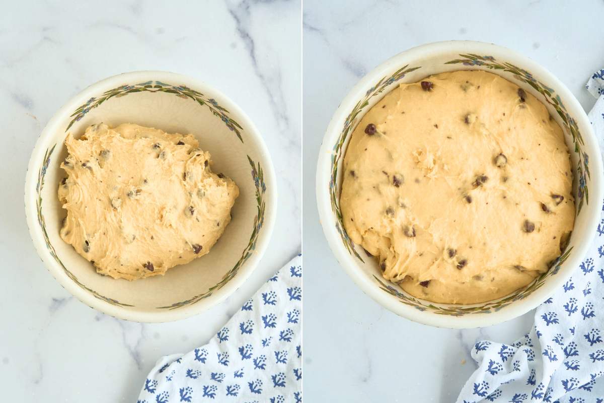 Chocolate chip dough before and after rising in a mixing bowl.
