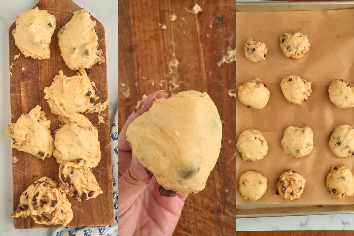 Dough pieces being shaped into rolls and placed on parchment-lined sheet.