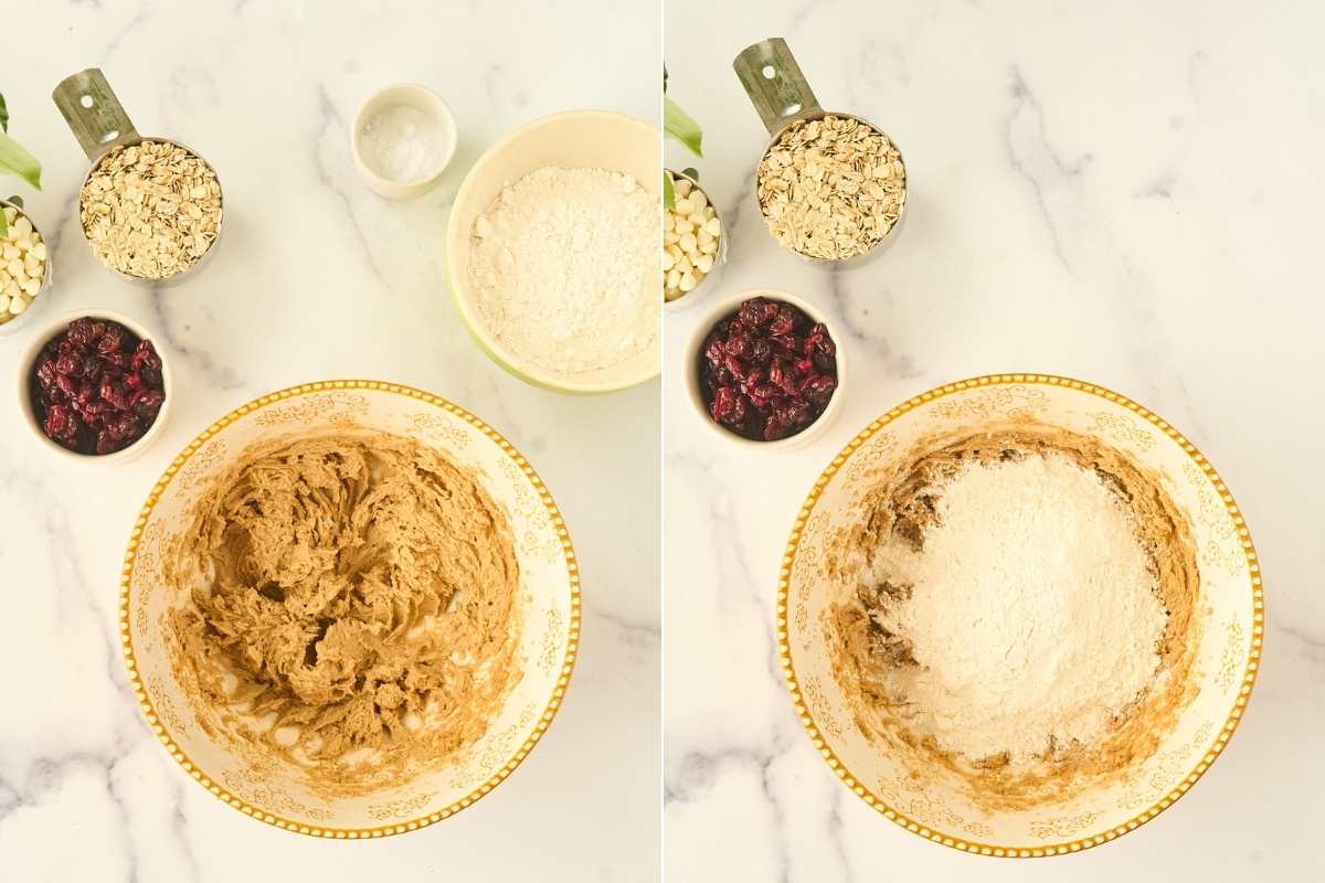 dry ingredients being added t butter sugar mixture.