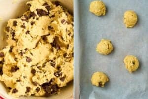 chocolate chip cookie dough in bowl and scoops