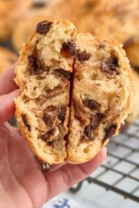 chocolate chip brioche split in half