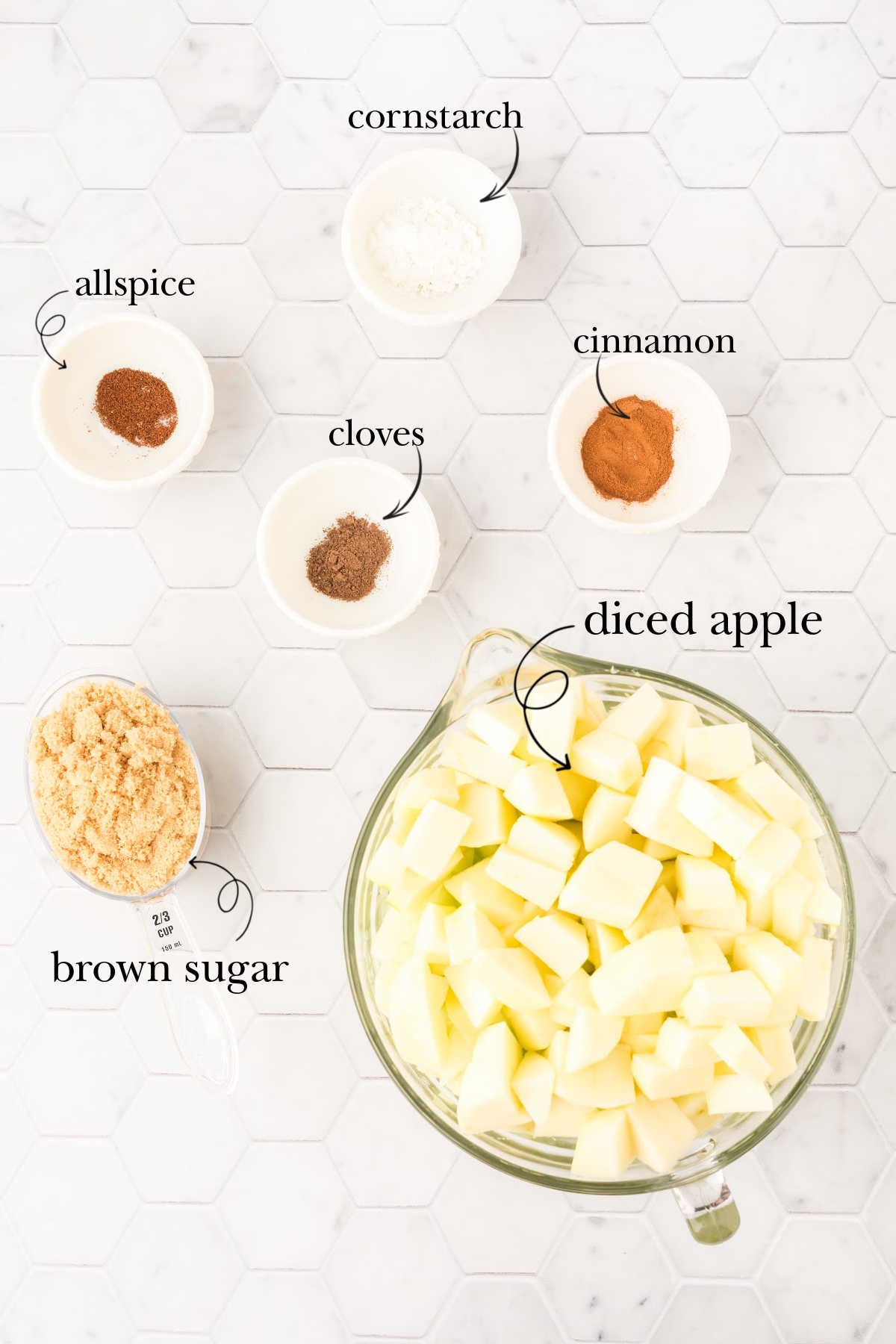 filling ingredients in bowls on counter.