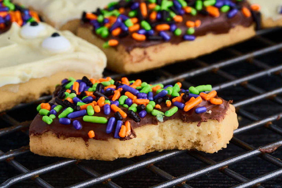 chocolate topped shortbread with bite missing