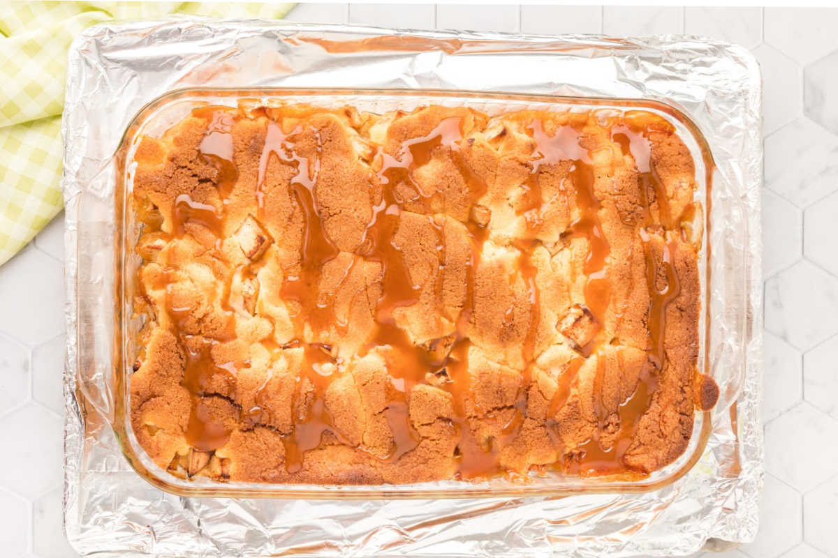 baked cobbler with caramel sauce on top.