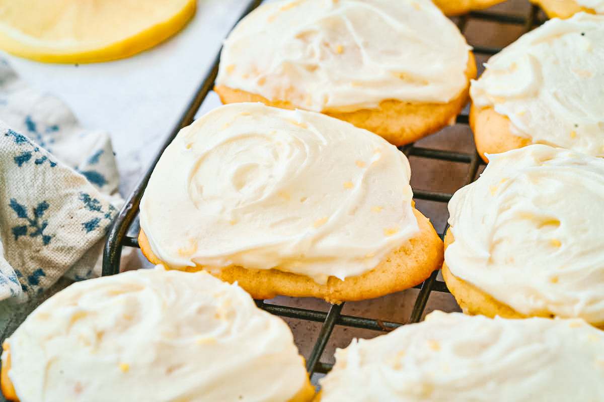 frosted cookies on wire rack.