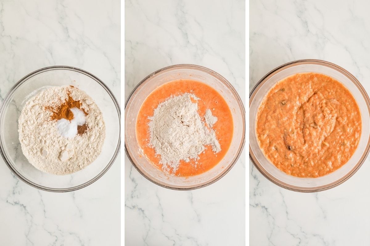 Dry ingredients in bowl, adding flour to batter, and finished cupcake batter.