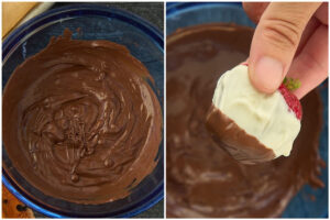 hand dipping berry into melted chocolate.