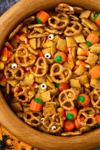 finished chex mix with candies.