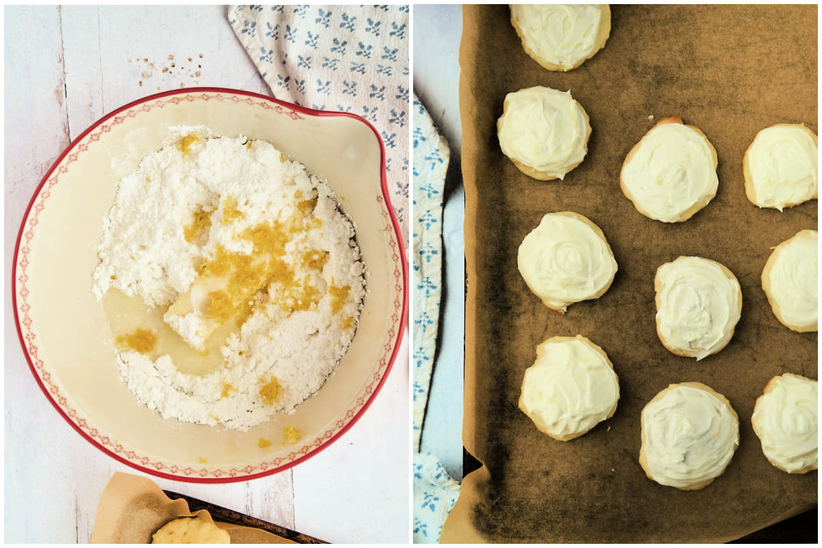 ingredients for frosting in mixing bowl, fully iced cookies.