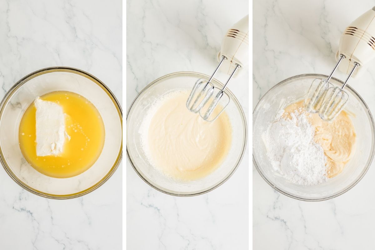 Three stages of making cream cheese frosting in glass bowls with hand mixer.