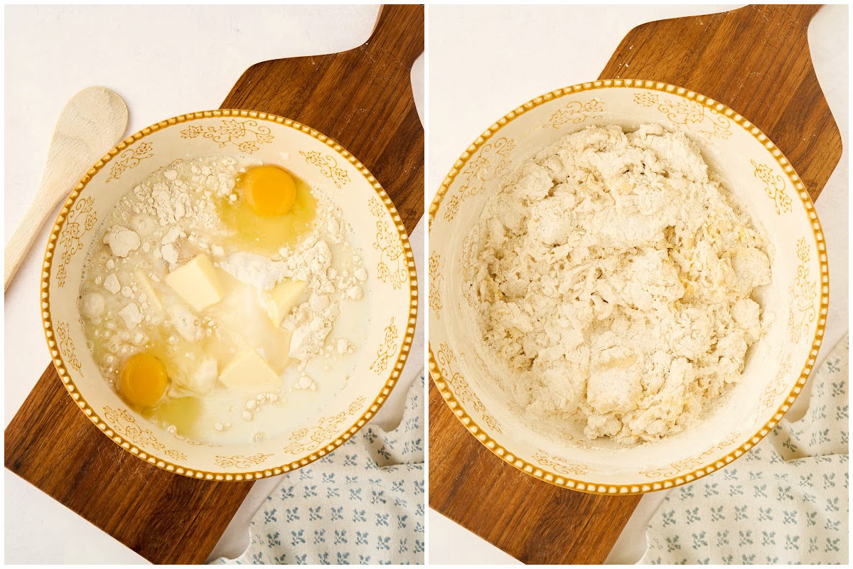 mixing bowl with ingredients and wooden spoon.