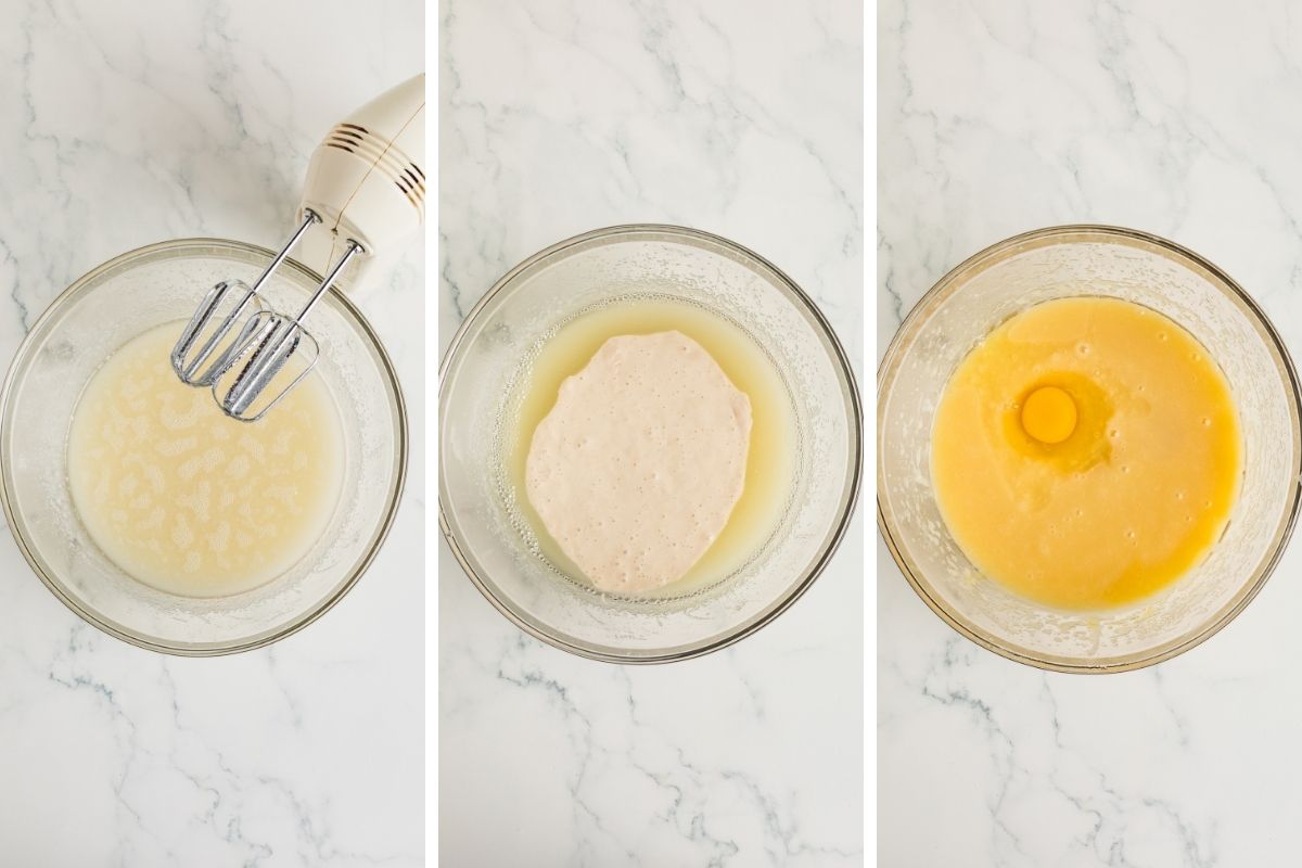 Mixing oil and sugar, adding sourdough starter, and adding egg to batter.