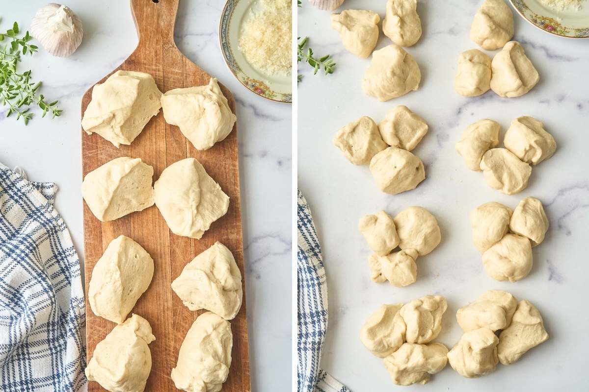  Dough divided into pieces on cutting board and marble surface showing shaping process.