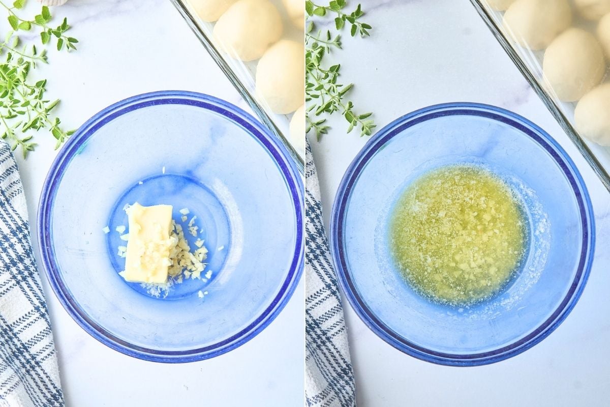  Two blue bowls showing melted butter with garlic before and after mixing.