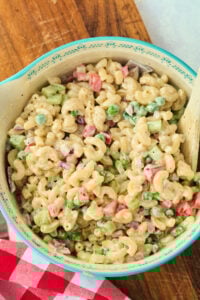 large blue bowl of macaroni salad.