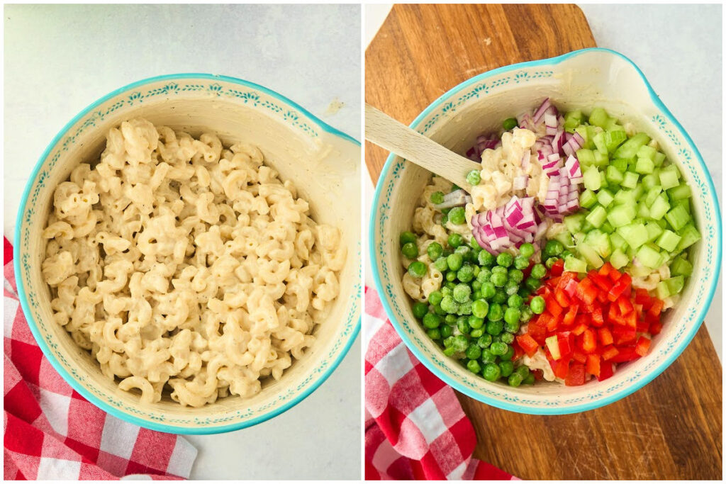 macaroni salad with veggies on top.