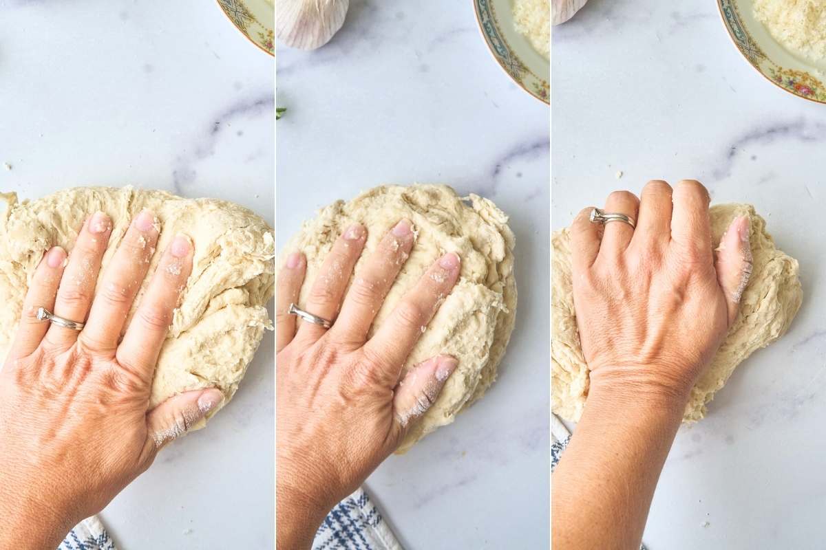 Three photos of hands kneading bread dough on marble surface.