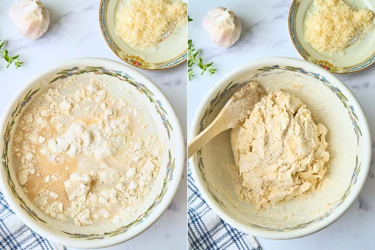 Two bowls showing flour mixture and combined dough in mixing process.