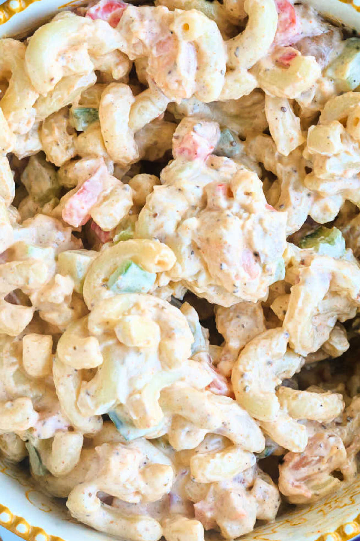 close up of macaroni salad with small shrimp.