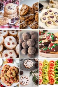 grid of 9 homemade christmas cookie images with holiday decorations.