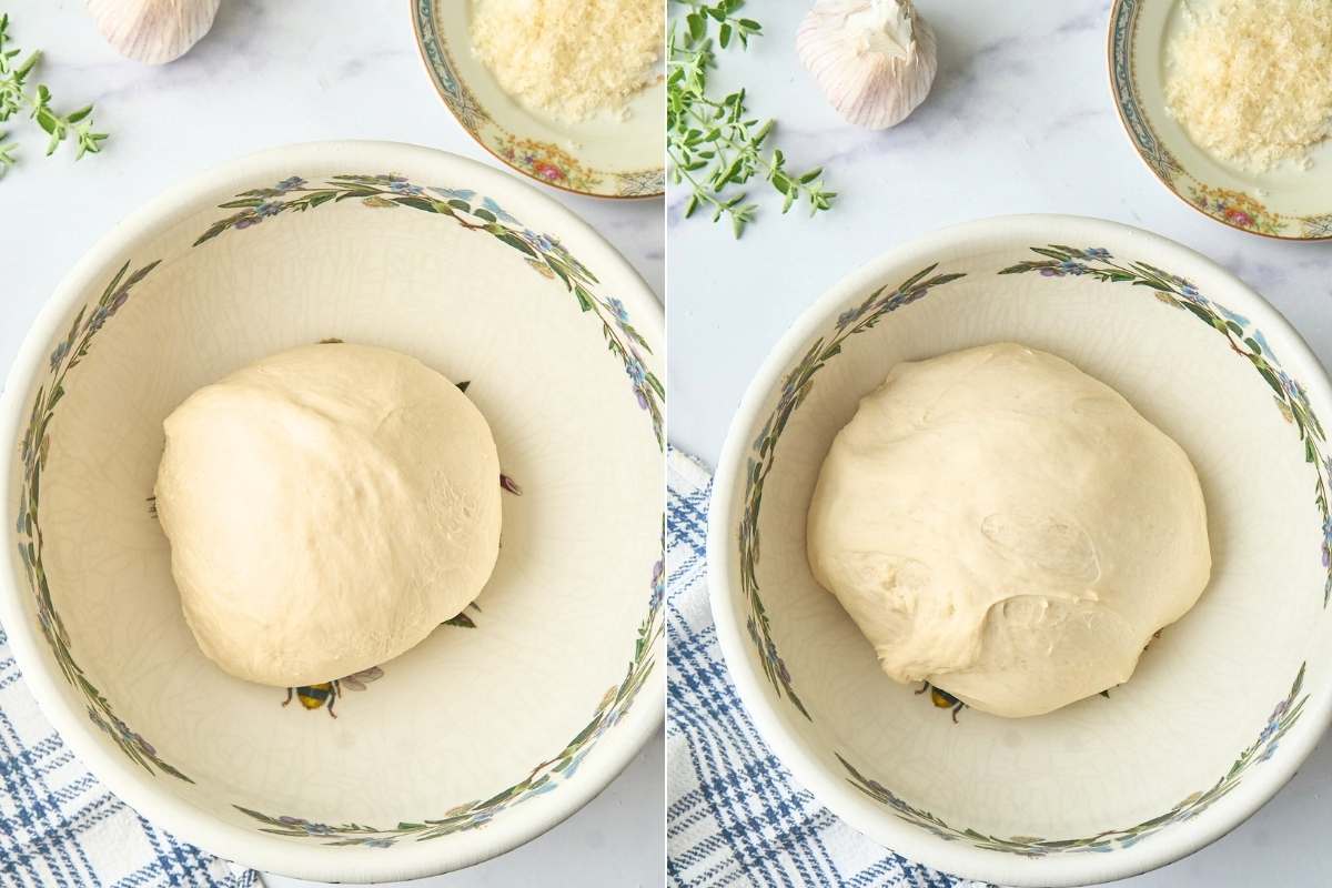 Two bowls showing bread dough before and after first rise in warm place.