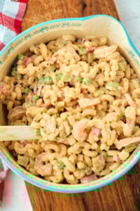 finished macaroni salad with shrimp and cucumber.