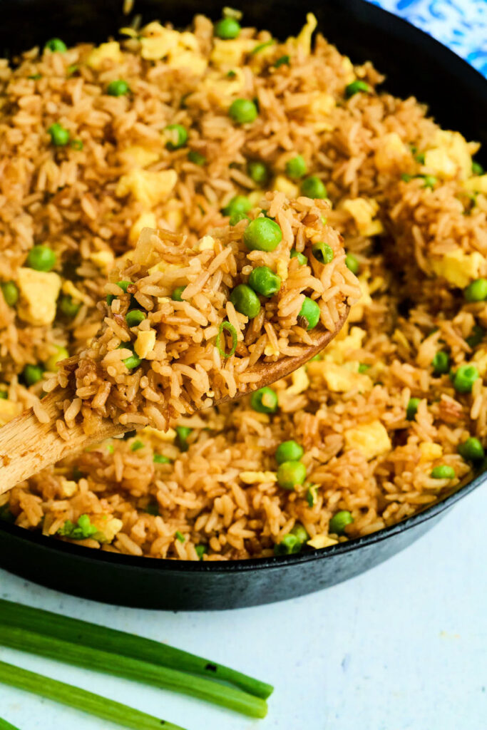 skillet full of rice.
