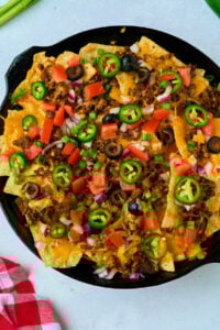 whole skillet with cheese, ground beef, and veggies.