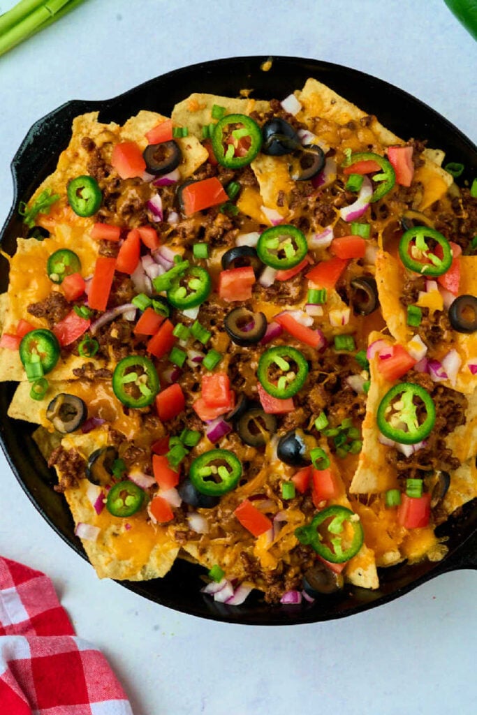 whole skillet with cheese, ground beef, and veggies.