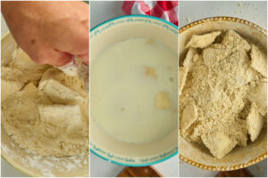 mixig bowls with flour, milk, and breadcrumbs.