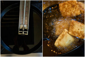 skillet with oil and candy thermometer.