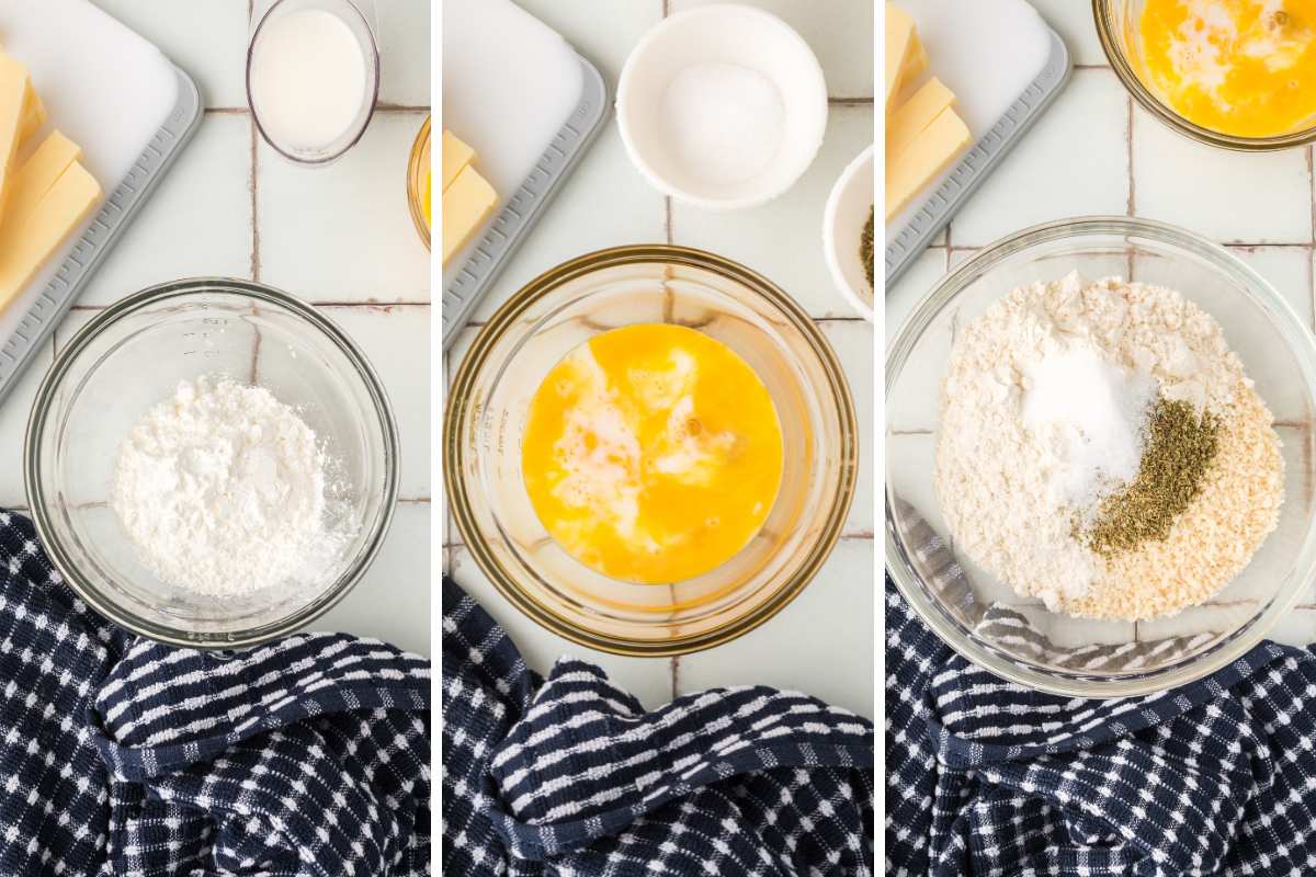 three bowls of cornstarch, eggs, and breading.