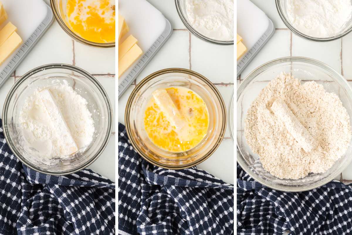three images showing mozzarella stick being dipped in the three different bowls of coating.