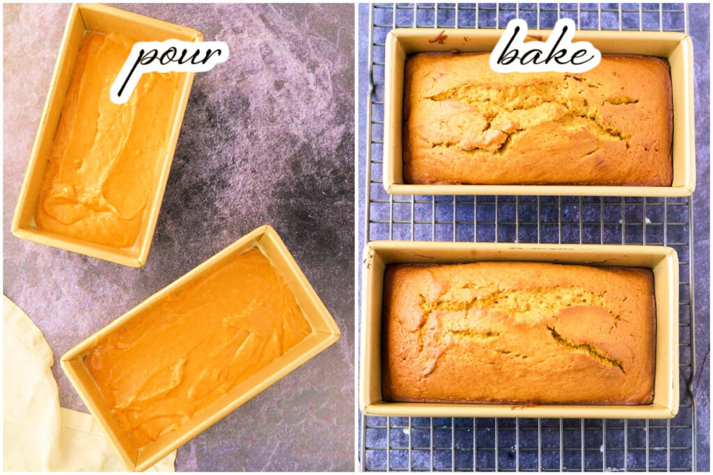 batter in 2 loaf pans and fully baked loaf.
