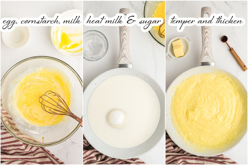 ingredients for custard in mixing bowl and saucepan.
