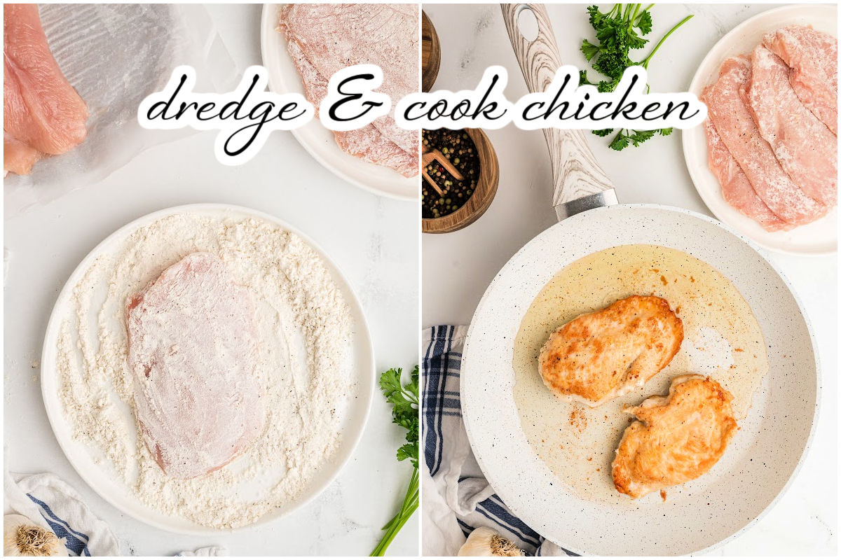 dredging chicken in flour and cooking.