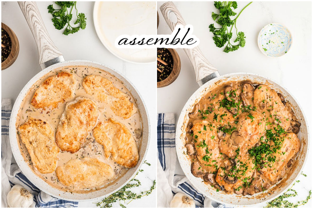 chicken and mushrooms added to pan.